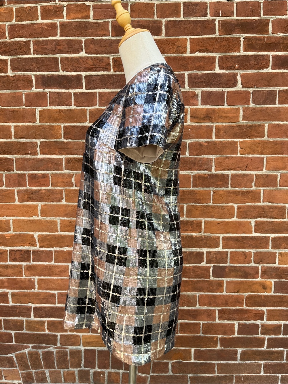 kate spade Sequin Plaid V-Neck Mini Dress in Black and Tan - Picture 2 of 6